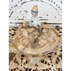 Antique German Pincushion Half Doll with fan silk lace skirt